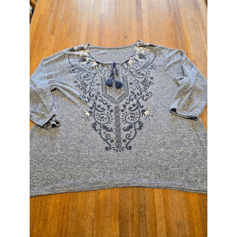 Women LG Heathered Blue Floral Geometric Split Neckline Tie-up Tassel BOHO Tunic